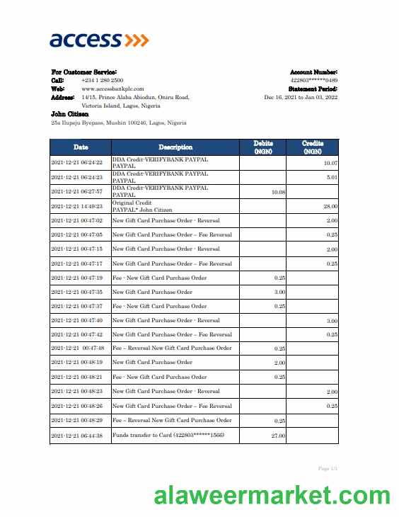 Nigeria Access bank statement Excel and PDF template